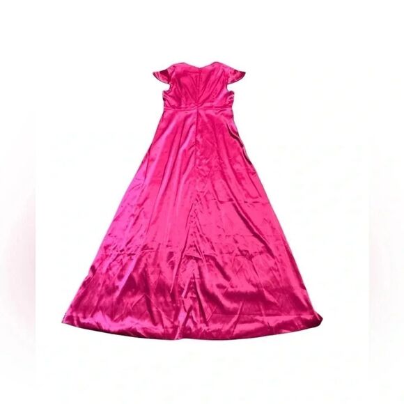 NWT FEHAUTE rose red pink Cap Sleeve v neck Satin A-Line Maxi wrap Dress sz 10 - Picture 6 of 13